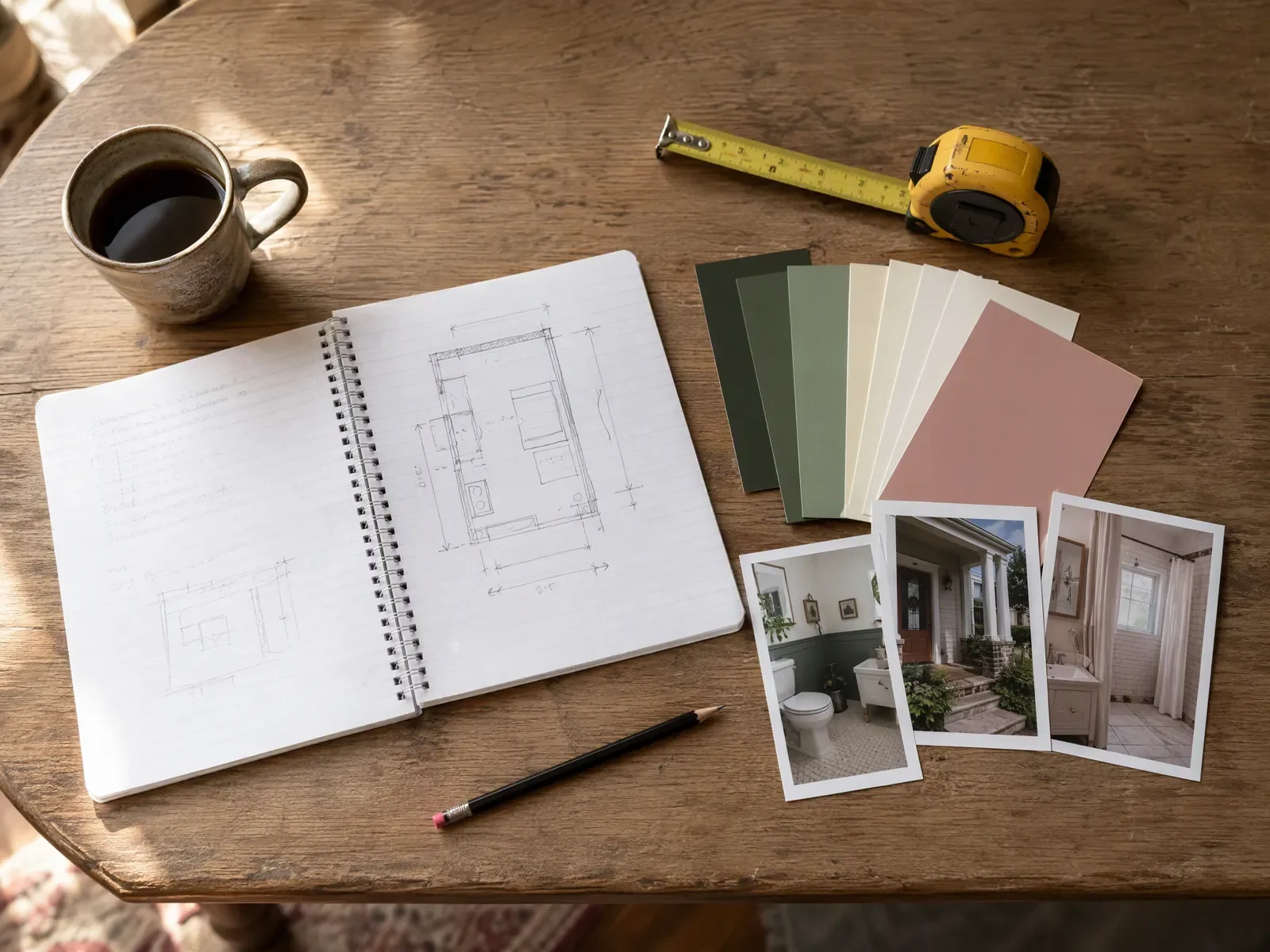 A kitchen table with an open notebook and room sketch, a tape measure, paint swatches in greens, whites and rose, printed photos and a mug of coffee.