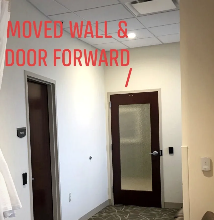 Patton’s note on its photo of the reception with its own red note written on it, “Moved wall & door forward”, and an arrow to the door.